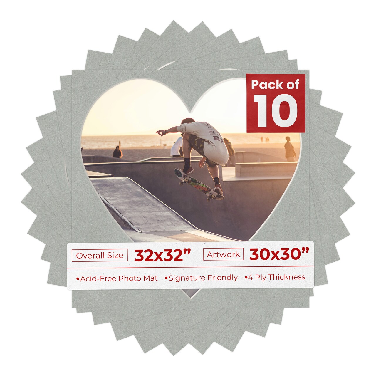 Light Grey Suede Mat Board for 32x32 Frames - Heart Opening for 30x30 Photos